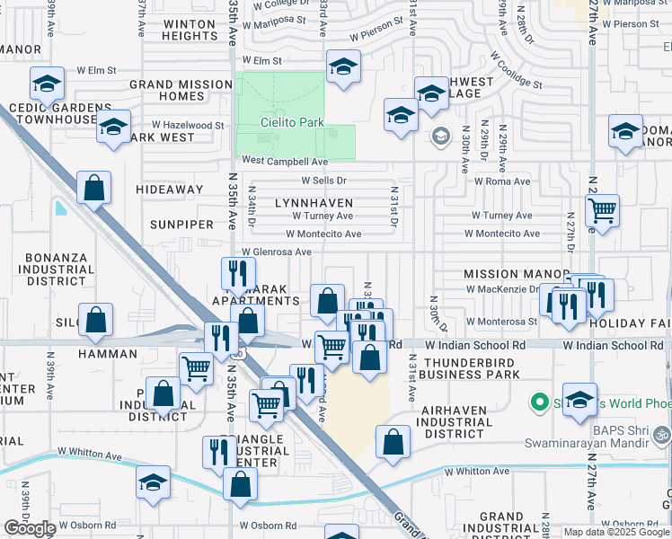 map of restaurants, bars, coffee shops, grocery stores, and more near 3226 West Indian School Road in Phoenix