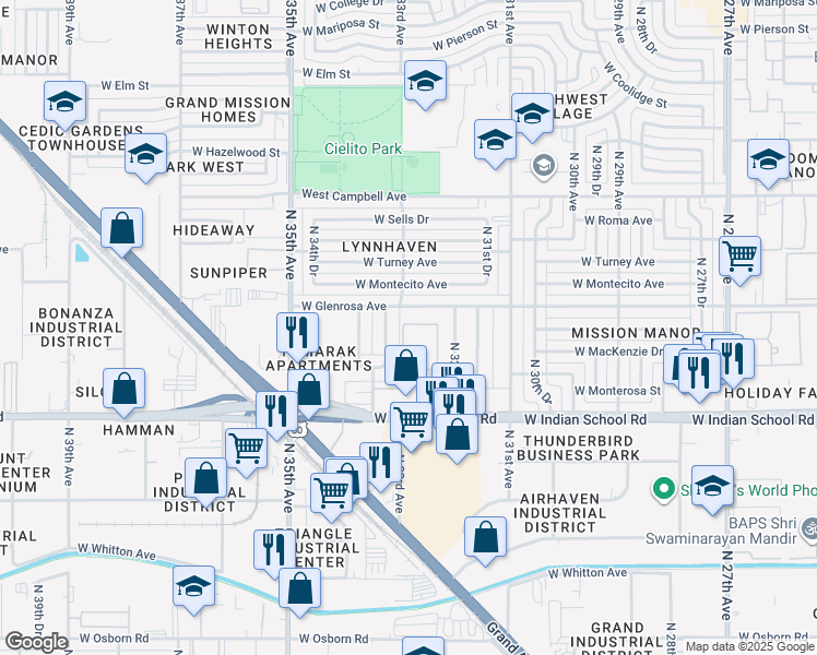 map of restaurants, bars, coffee shops, grocery stores, and more near 3226 West Indian School Road in Phoenix