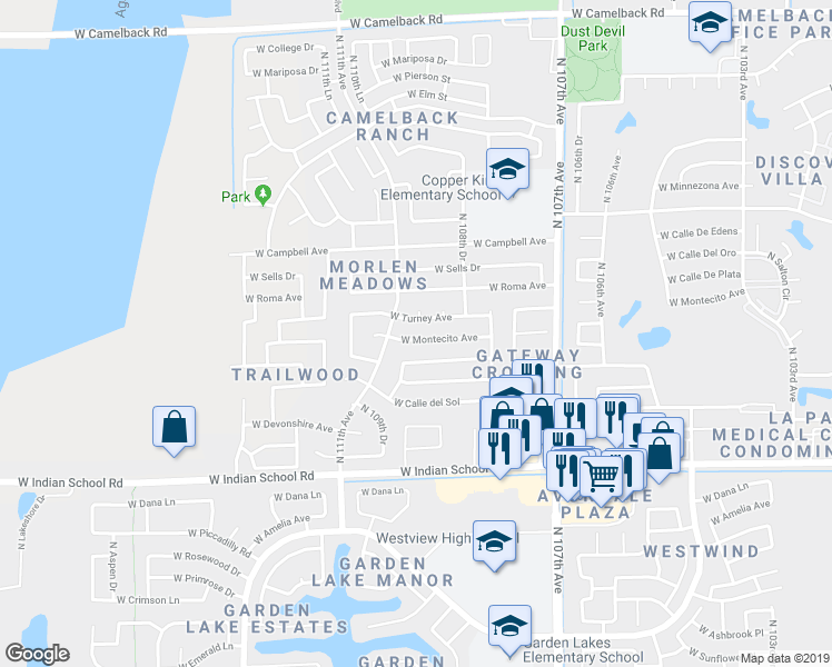 map of restaurants, bars, coffee shops, grocery stores, and more near 10930 West Montecito Avenue in Phoenix