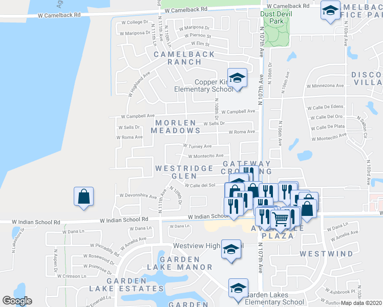 map of restaurants, bars, coffee shops, grocery stores, and more near 10930 West Montecito Avenue in Phoenix
