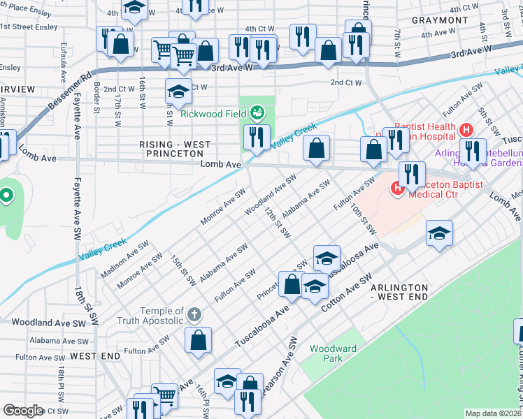 map of restaurants, bars, coffee shops, grocery stores, and more near 300 12th Street Southwest in Birmingham