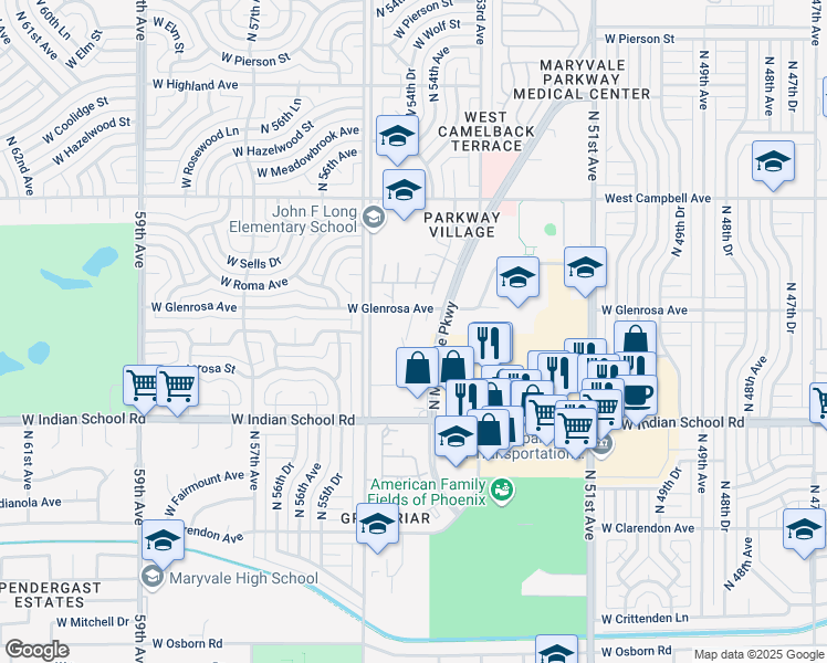 map of restaurants, bars, coffee shops, grocery stores, and more near 5453 West Glenrosa Avenue in Phoenix