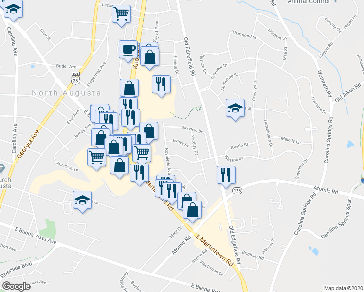 map of restaurants, bars, coffee shops, grocery stores, and more near 1009 James Street in North Augusta