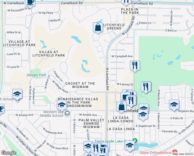 map of restaurants, bars, coffee shops, grocery stores, and more near 14200 West Village Parkway in Litchfield Park