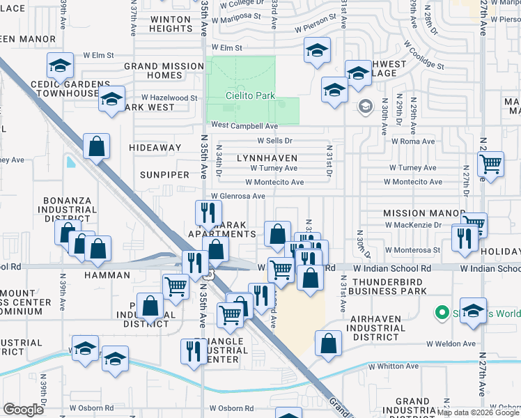 map of restaurants, bars, coffee shops, grocery stores, and more near 4226 North 33rd Drive in Phoenix