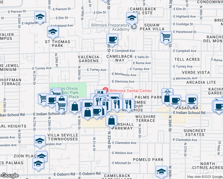 map of restaurants, bars, coffee shops, grocery stores, and more near 4227 North 32nd Street in Phoenix