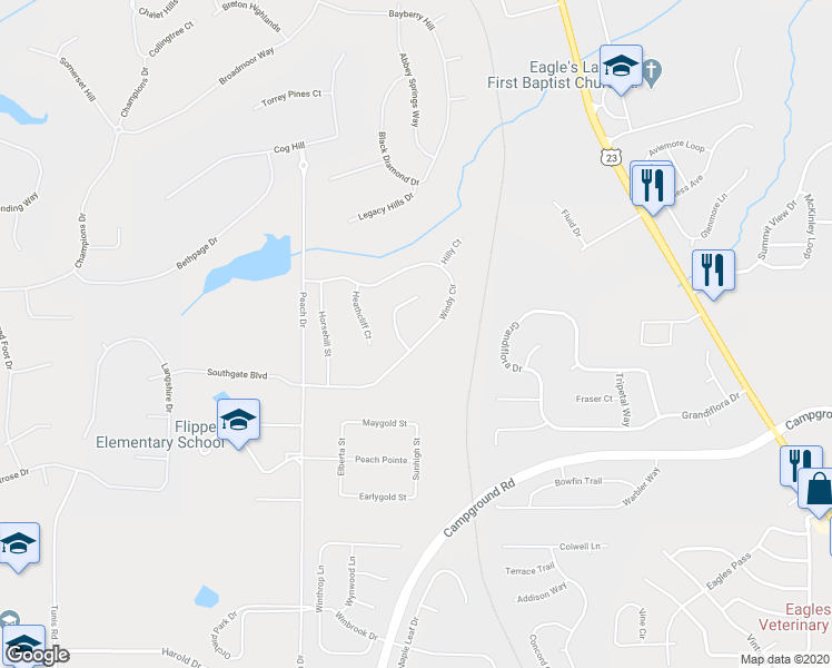 map of restaurants, bars, coffee shops, grocery stores, and more near 179 Windy Circle in McDonough