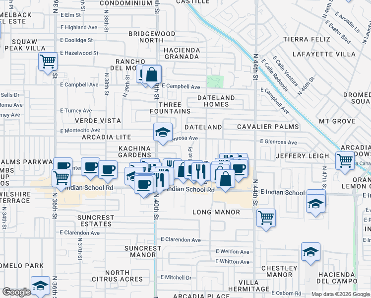 map of restaurants, bars, coffee shops, grocery stores, and more near 4226 North 41st Place in Phoenix