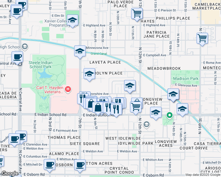 map of restaurants, bars, coffee shops, grocery stores, and more near 4242 North 10th Street in Phoenix