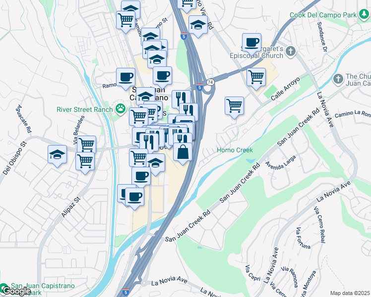 map of restaurants, bars, coffee shops, grocery stores, and more near 31878 Del Obispo Street in San Juan Capistrano