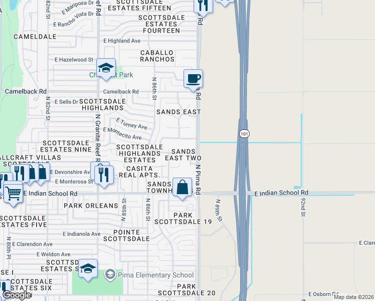 map of restaurants, bars, coffee shops, grocery stores, and more near 4302 North 87th Place in Scottsdale
