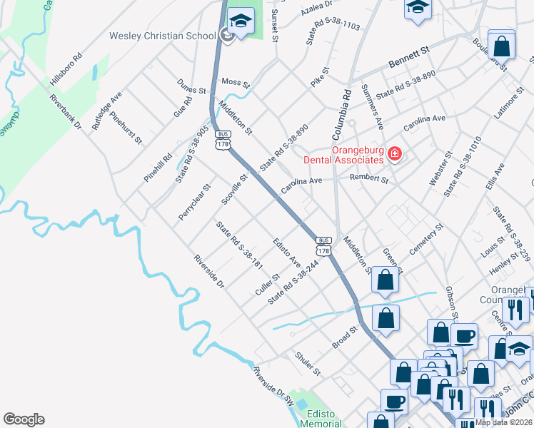 map of restaurants, bars, coffee shops, grocery stores, and more near 1040 Carolina Avenue in Orangeburg