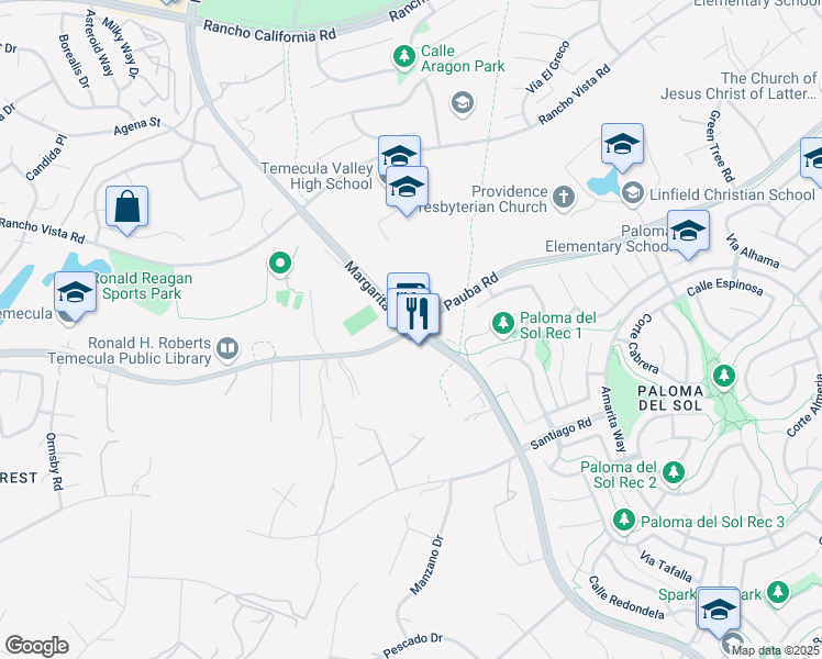 map of restaurants, bars, coffee shops, grocery stores, and more near Margarita Road & Pauba Road in Temecula