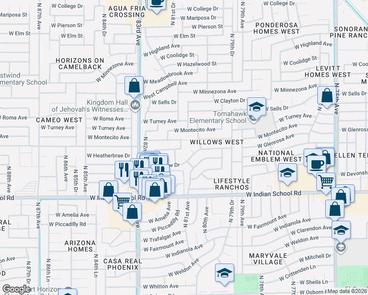 map of restaurants, bars, coffee shops, grocery stores, and more near 8110 West Heatherbrae Drive in Phoenix