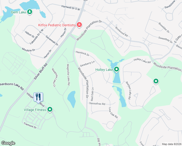 map of restaurants, bars, coffee shops, grocery stores, and more near 917 Holley Lake Road in Aiken