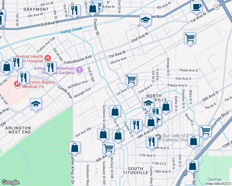 map of restaurants, bars, coffee shops, grocery stores, and more near 22 1st Ave S in Birmingham