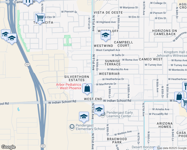 map of restaurants, bars, coffee shops, grocery stores, and more near 4312 North 91st Avenue in Phoenix