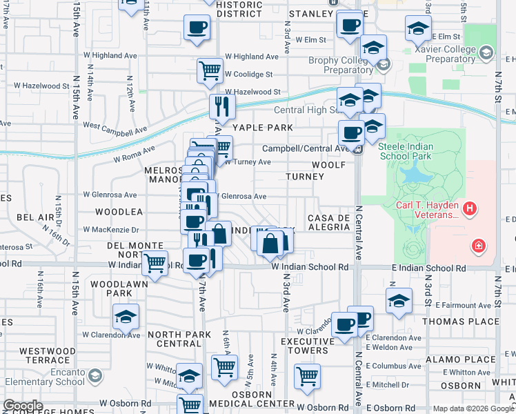 map of restaurants, bars, coffee shops, grocery stores, and more near 418 West Monterosa Street in Phoenix
