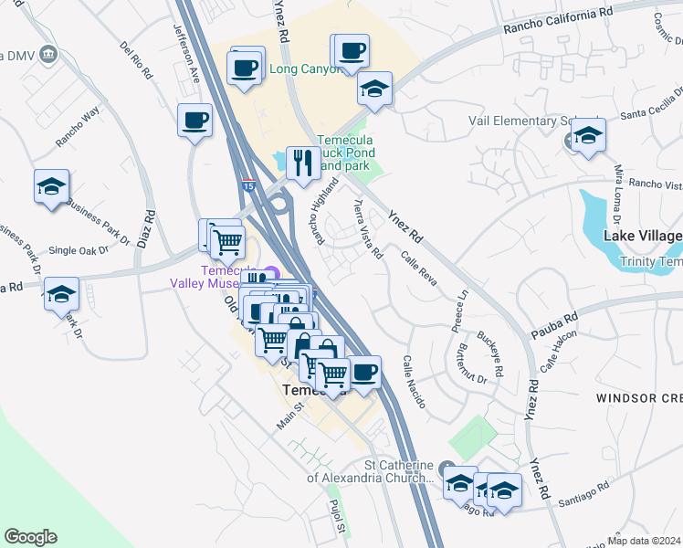 map of restaurants, bars, coffee shops, grocery stores, and more near 43079 Avenida Cielo in Temecula