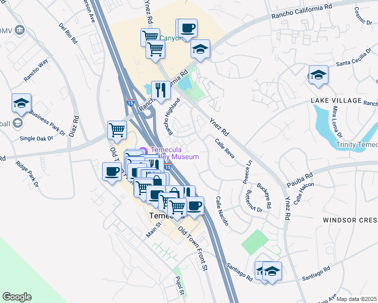 map of restaurants, bars, coffee shops, grocery stores, and more near 43038 Avenida Cielo in Temecula