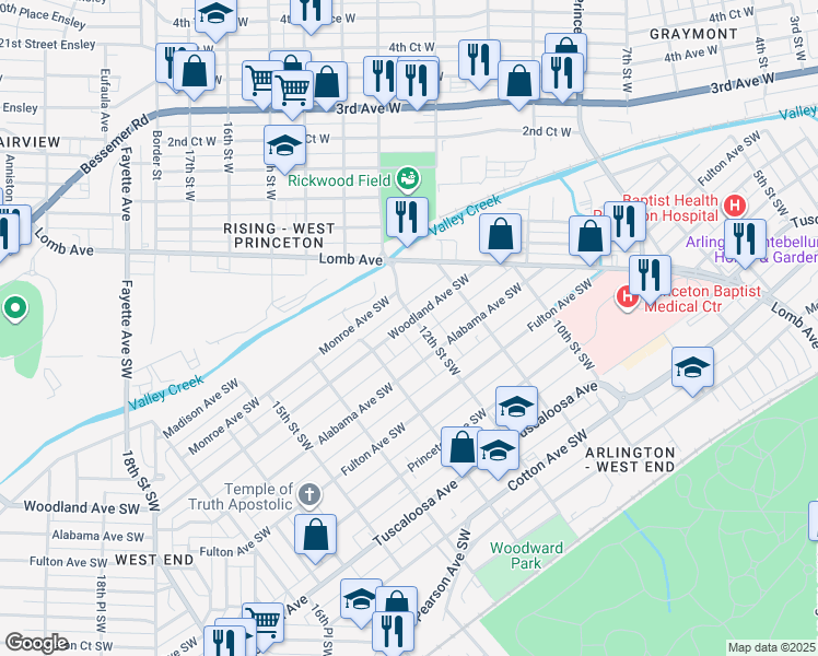 map of restaurants, bars, coffee shops, grocery stores, and more near 300 12th Street Southwest in Birmingham