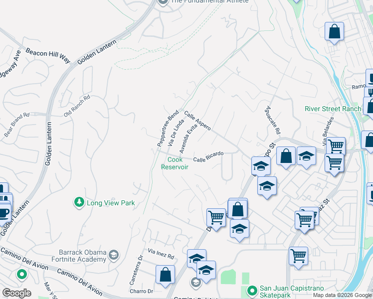map of restaurants, bars, coffee shops, grocery stores, and more near 32002 Avenida Evita in San Juan Capistrano
