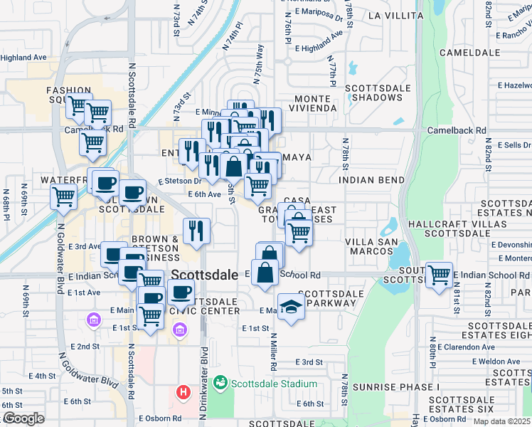 map of restaurants, bars, coffee shops, grocery stores, and more near 4300 노스 76번가 in Scottsdale