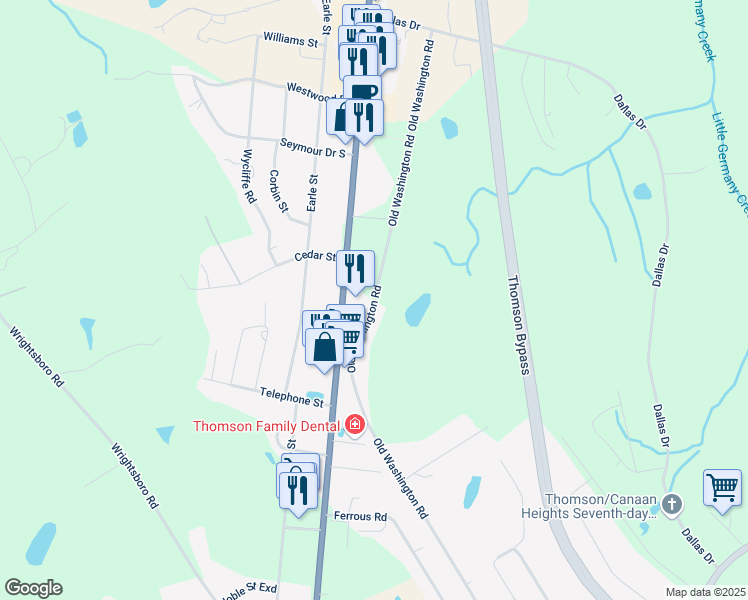 map of restaurants, bars, coffee shops, grocery stores, and more near 1297 Old Washington Road in Thomson