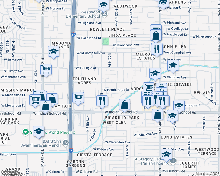 map of restaurants, bars, coffee shops, grocery stores, and more near 2214 West Heatherbrae Drive in Phoenix
