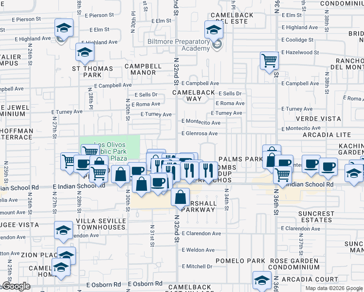 map of restaurants, bars, coffee shops, grocery stores, and more near 4227 North 32nd Street in Phoenix
