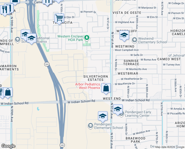 map of restaurants, bars, coffee shops, grocery stores, and more near 9233 West Glenrosa Avenue in Phoenix