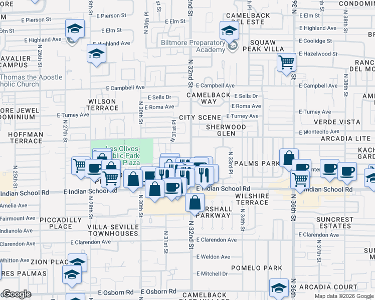 map of restaurants, bars, coffee shops, grocery stores, and more near 3139 East Glenrosa Avenue in Phoenix