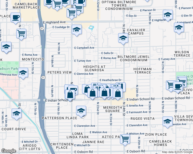 map of restaurants, bars, coffee shops, grocery stores, and more near 2147 East Glenrosa Avenue in Phoenix