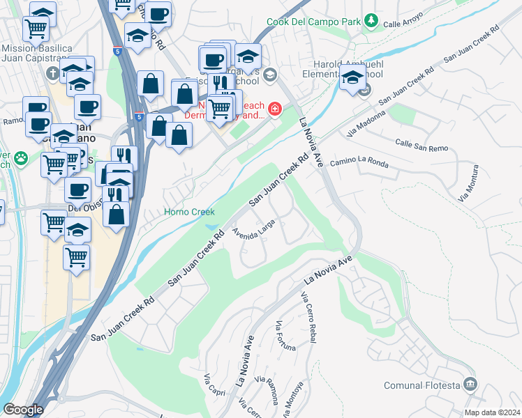 map of restaurants, bars, coffee shops, grocery stores, and more near 32018 Via Canela in San Juan Capistrano