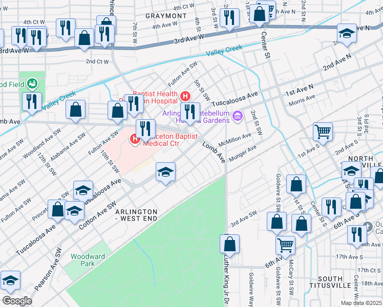 map of restaurants, bars, coffee shops, grocery stores, and more near 637 Cotton Avenue Southwest in Birmingham