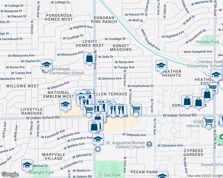 map of restaurants, bars, coffee shops, grocery stores, and more near 4254 North 73rd Lane in Phoenix