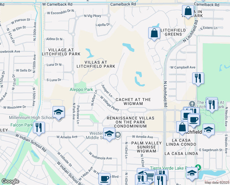 map of restaurants, bars, coffee shops, grocery stores, and more near 270 North Cloverfield Circle in Litchfield Park