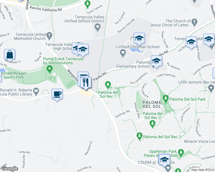 map of restaurants, bars, coffee shops, grocery stores, and more near 31415 Cala Carrasco in Temecula