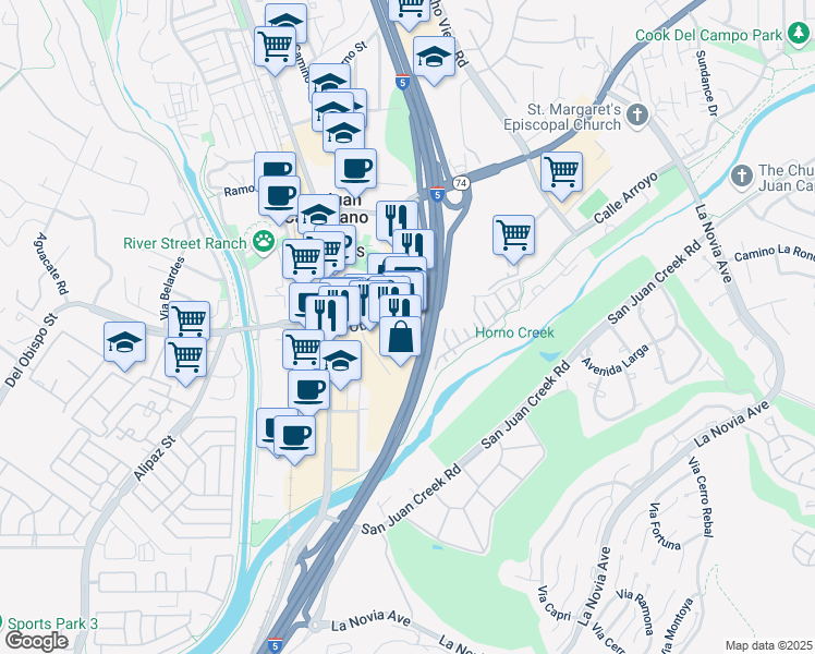 map of restaurants, bars, coffee shops, grocery stores, and more near 31878 Del Obispo Street in San Juan Capistrano