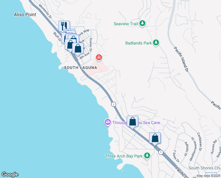 map of restaurants, bars, coffee shops, grocery stores, and more near 31966 10th Avenue in Laguna Beach