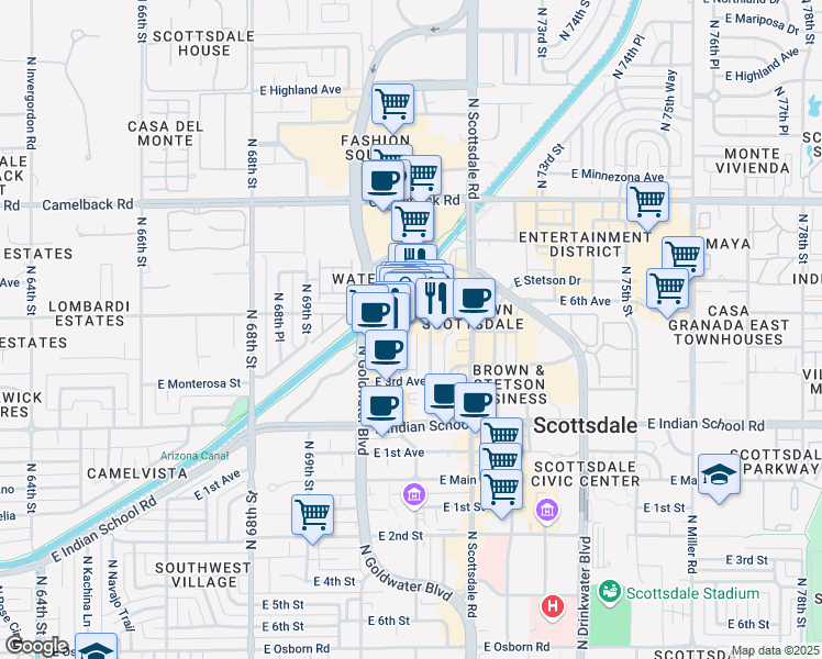 map of restaurants, bars, coffee shops, grocery stores, and more near 7081 East 5th Avenue in Scottsdale