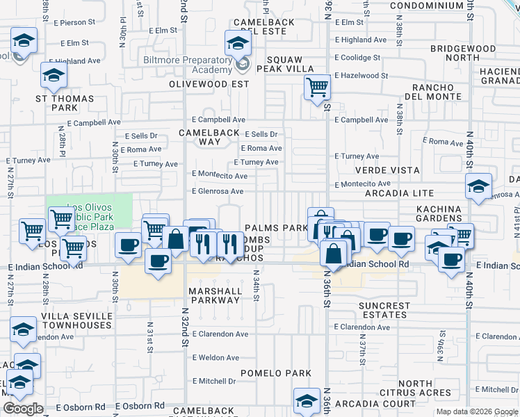 map of restaurants, bars, coffee shops, grocery stores, and more near 4230 North 34th Place in Phoenix