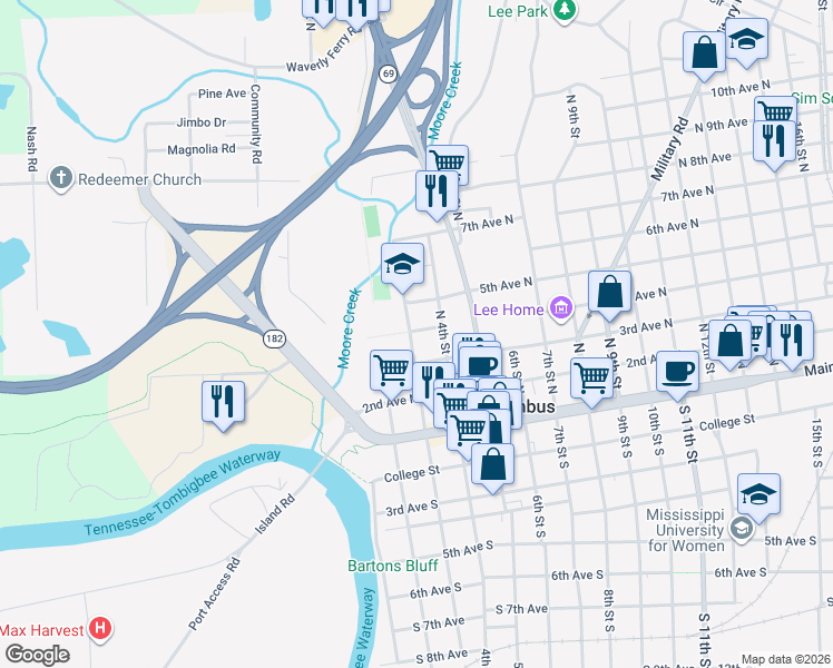 map of restaurants, bars, coffee shops, grocery stores, and more near 302 4th Avenue North in Columbus