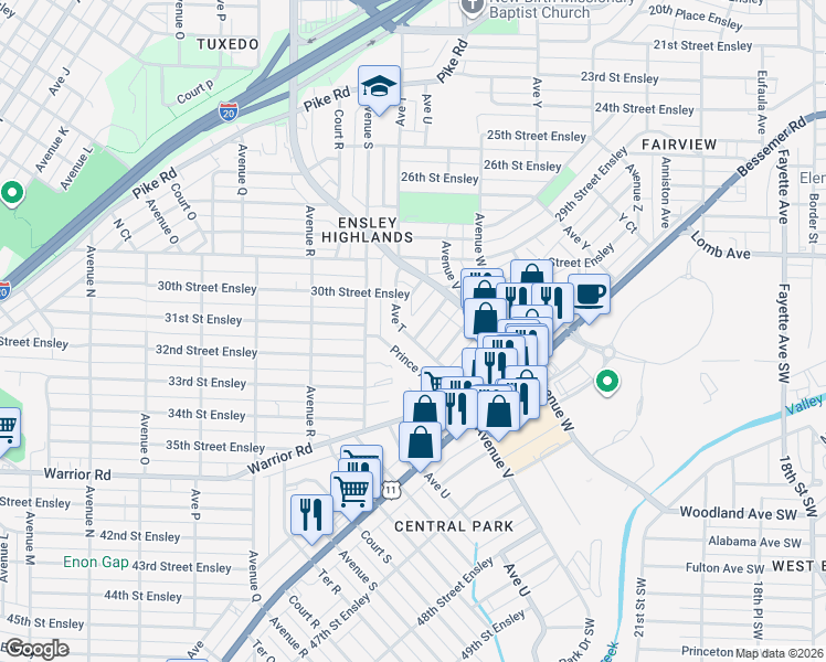 map of restaurants, bars, coffee shops, grocery stores, and more near 2100 30th Place West in Birmingham