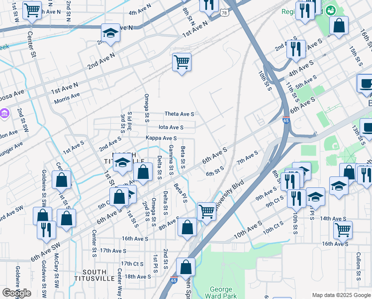 map of restaurants, bars, coffee shops, grocery stores, and more near 313 Beta Street South in Birmingham