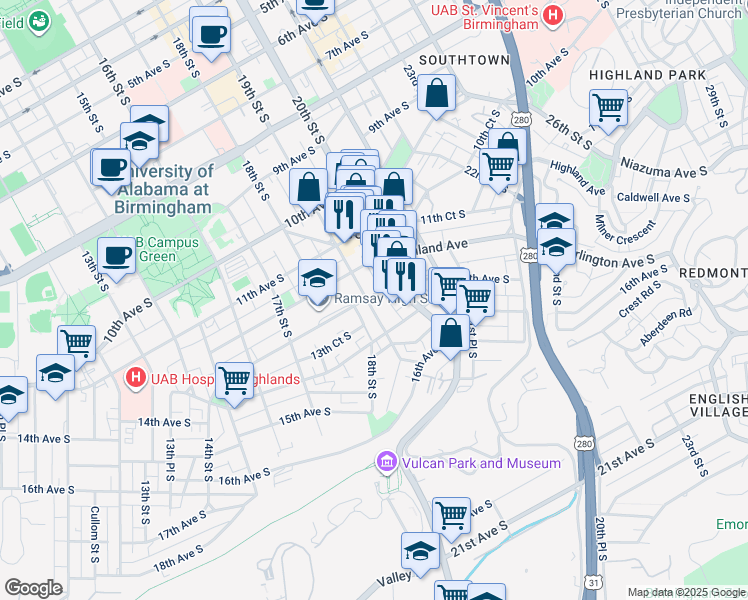 map of restaurants, bars, coffee shops, grocery stores, and more near 1301 19th Street South in Birmingham