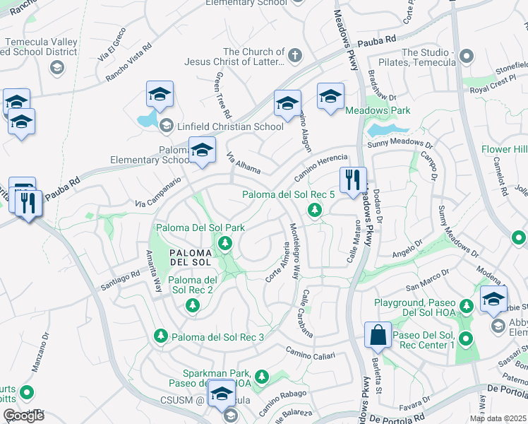 map of restaurants, bars, coffee shops, grocery stores, and more near 42987 Corte Colucci in Temecula