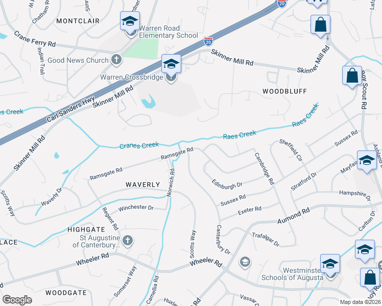 map of restaurants, bars, coffee shops, grocery stores, and more near 3142 Ramsgate Road in Augusta