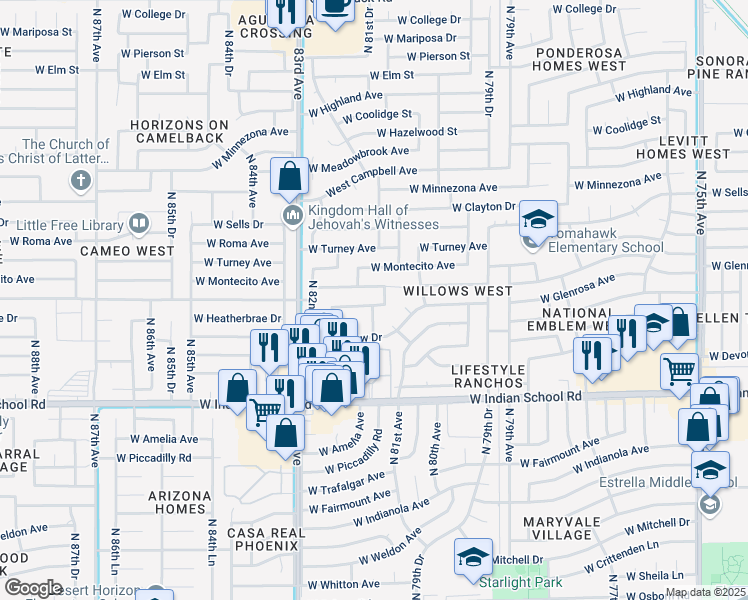 map of restaurants, bars, coffee shops, grocery stores, and more near 8110 West Heatherbrae Drive in Phoenix