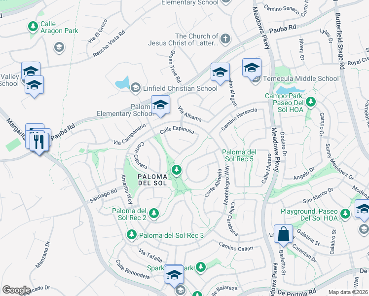 map of restaurants, bars, coffee shops, grocery stores, and more near 43025 Corte Salamanca in Temecula